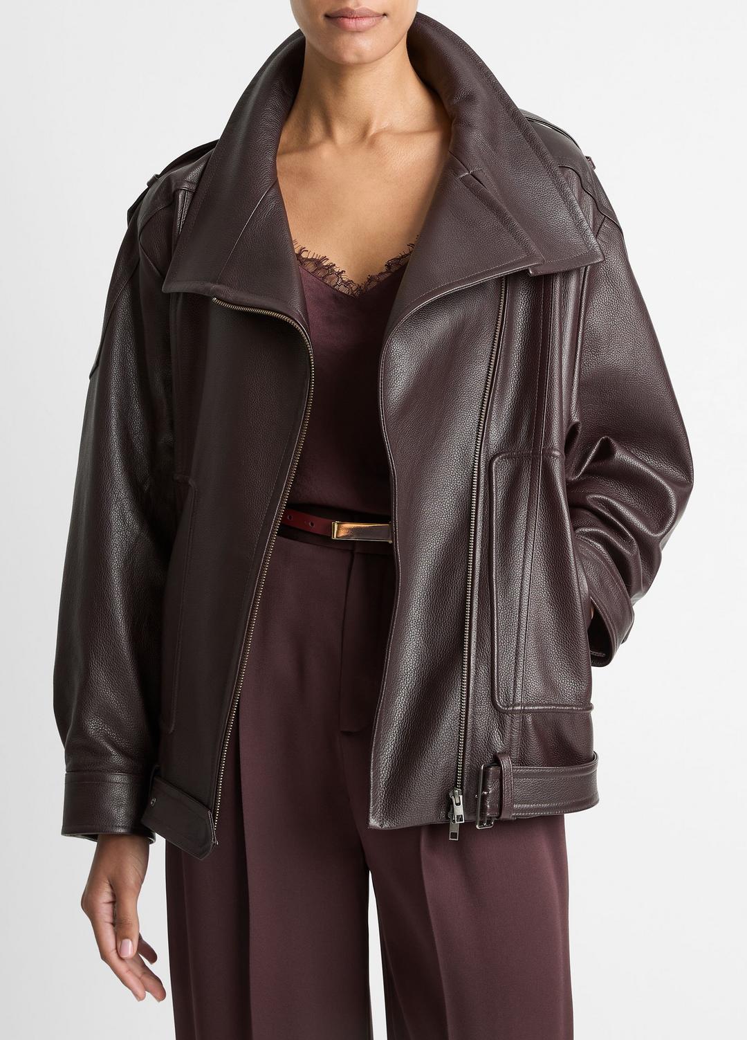 VINCE Women Leather Oversized Biker Jacket in Jackets DARK FIG