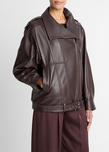 VINCE Women Leather Oversized Biker Jacket in Jackets DARK FIG