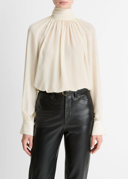 VINCE Women Gathered Draped-Neck Crepe Blouse in Long Sleeve CREAM