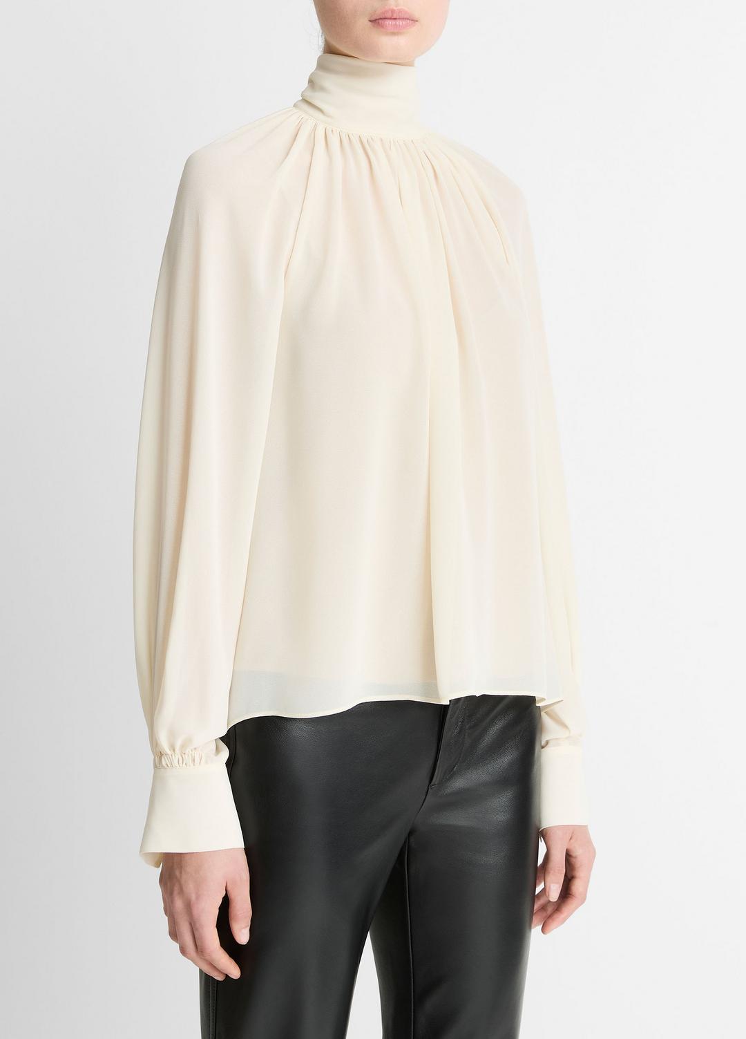 VINCE Women Gathered Draped-Neck Crepe Blouse in Long Sleeve CREAM