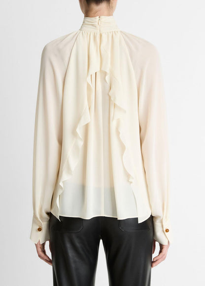 VINCE Women Gathered Draped-Neck Crepe Blouse in Long Sleeve CREAM