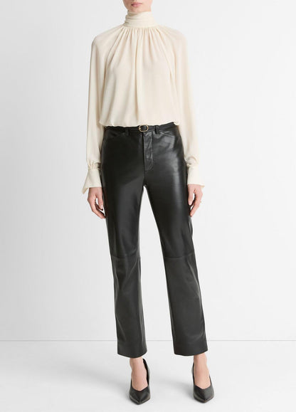 VINCE Women Gathered Draped-Neck Crepe Blouse in Long Sleeve CREAM