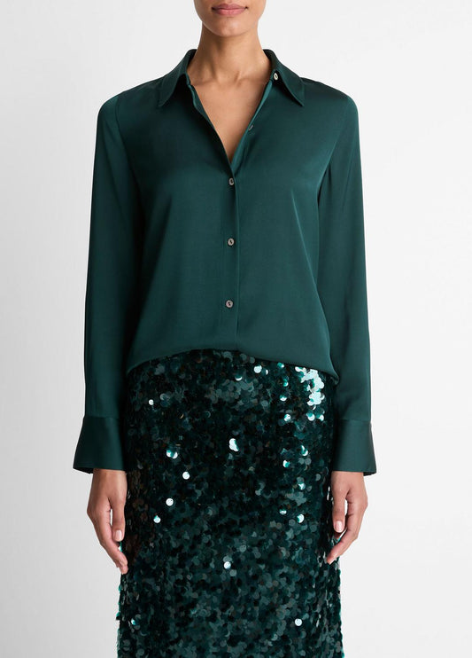 VINCE Women Silk-Blend Slim Button-Front Blouse in Long Sleeve JUNIPER