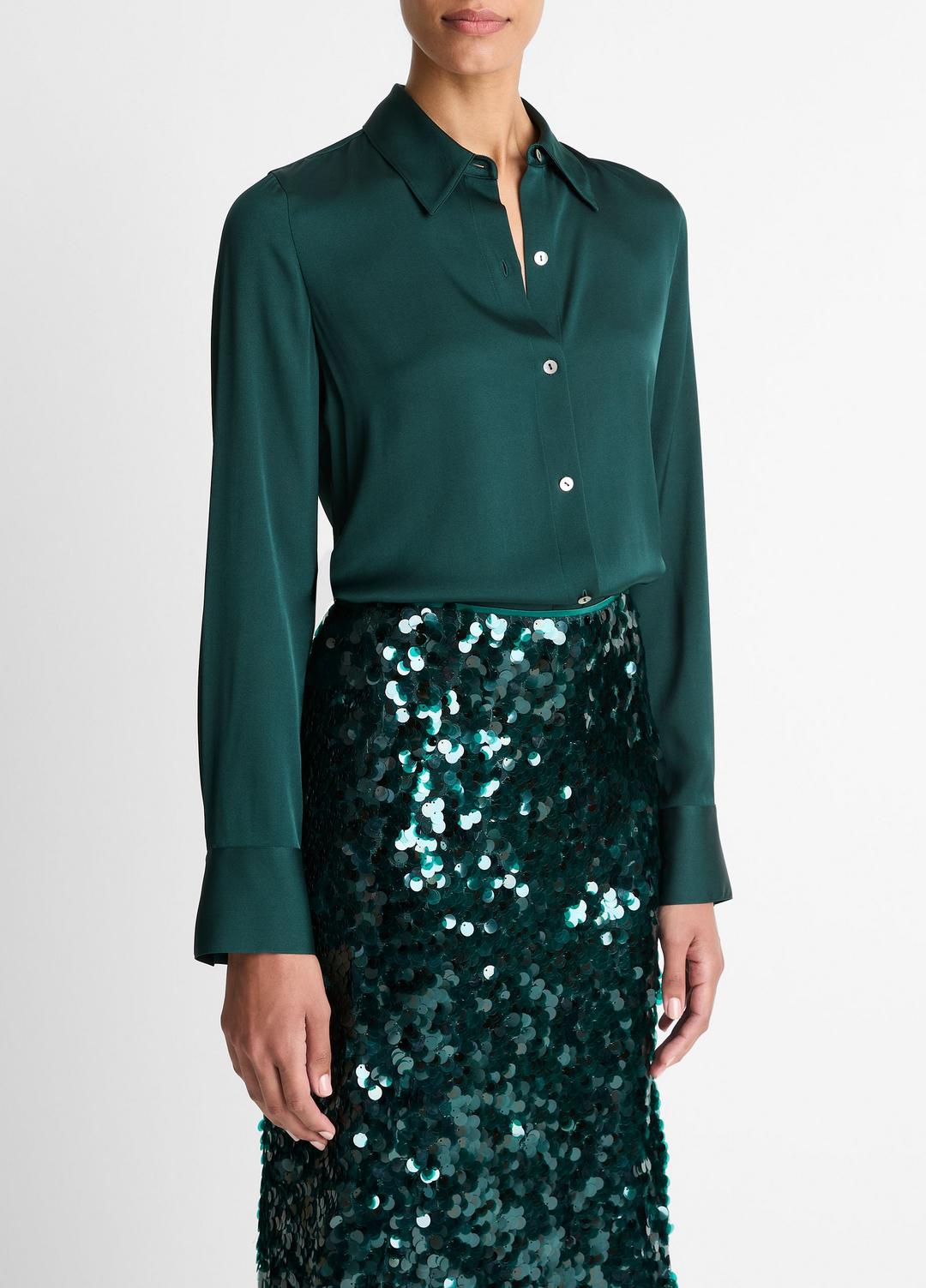 VINCE Women Silk-Blend Slim Button-Front Blouse in Long Sleeve JUNIPER