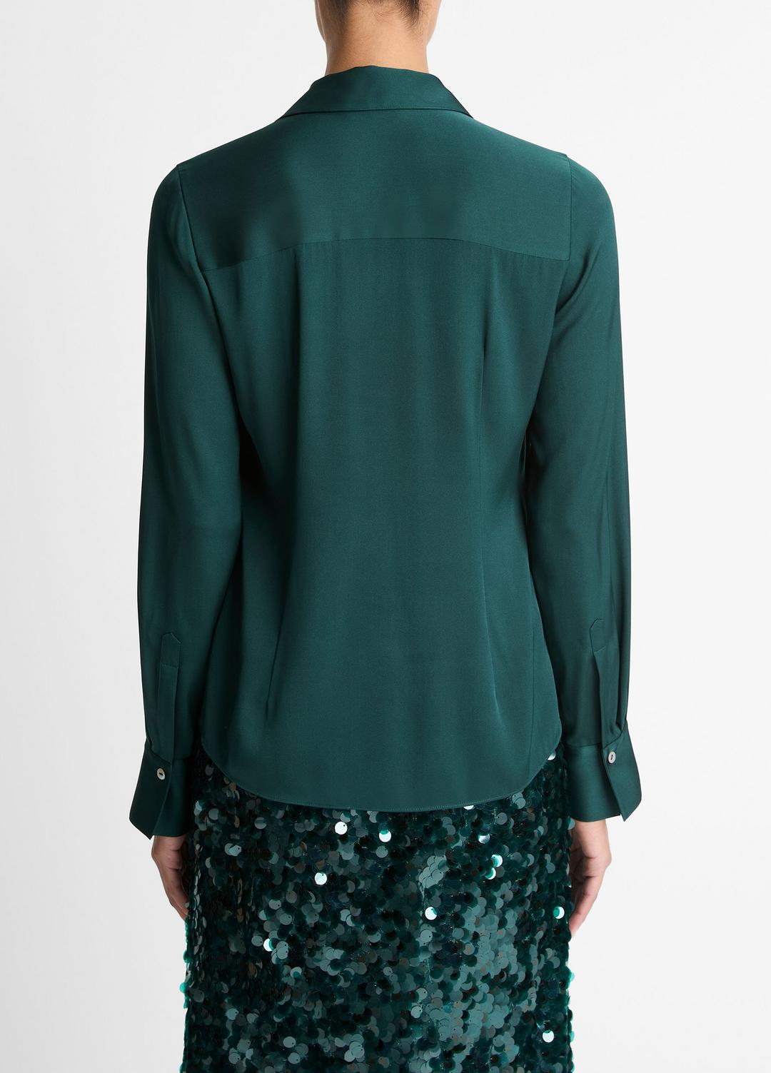 VINCE Women Silk-Blend Slim Button-Front Blouse in Long Sleeve JUNIPER
