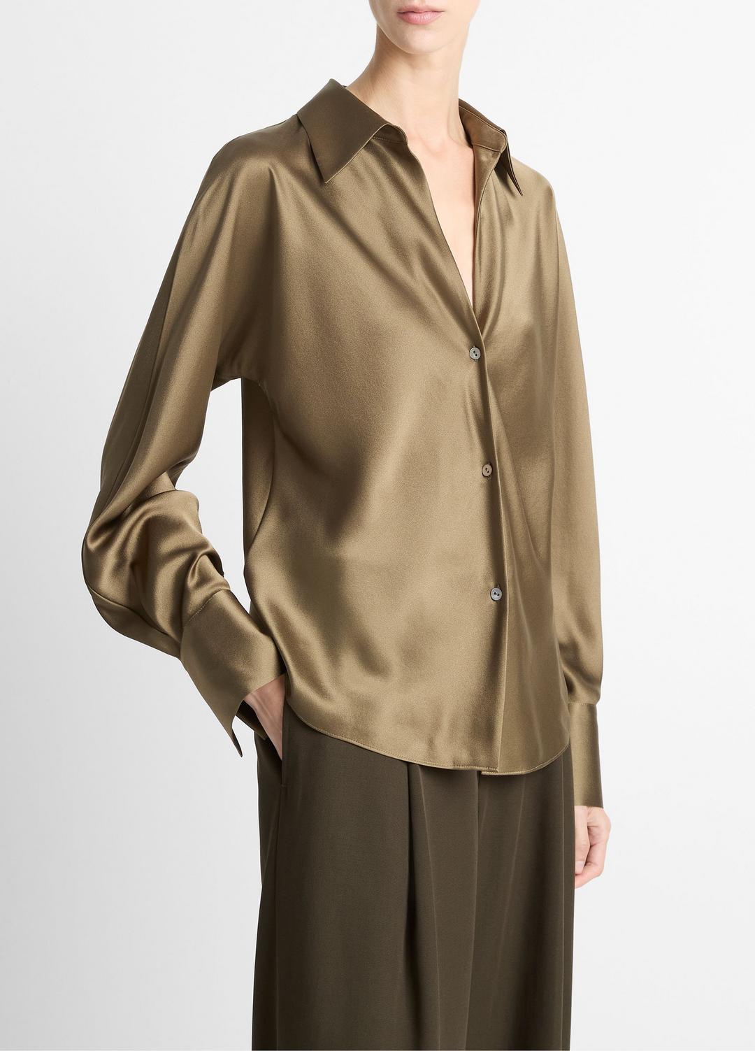 VINCE Women Silk Bias Long-Sleeve Blouse in Long Sleeve CYPRESS