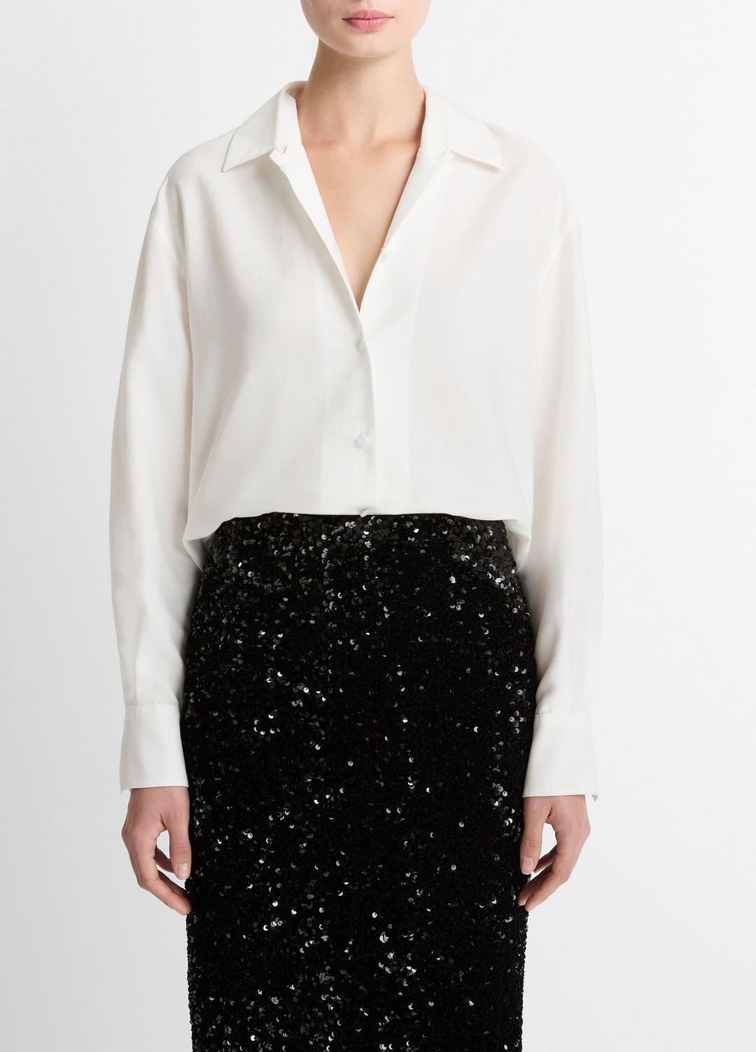 VINCE Women Refined Twill Covered-Button Shirt in Long Sleeve LIGHT CREAM