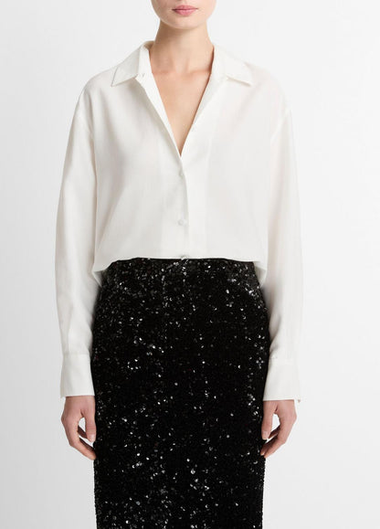 VINCE Women Refined Twill Covered-Button Shirt in Long Sleeve LIGHT CREAM