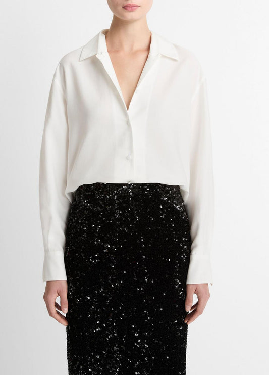 VINCE Women Refined Twill Covered-Button Shirt in Long Sleeve LIGHT CREAM