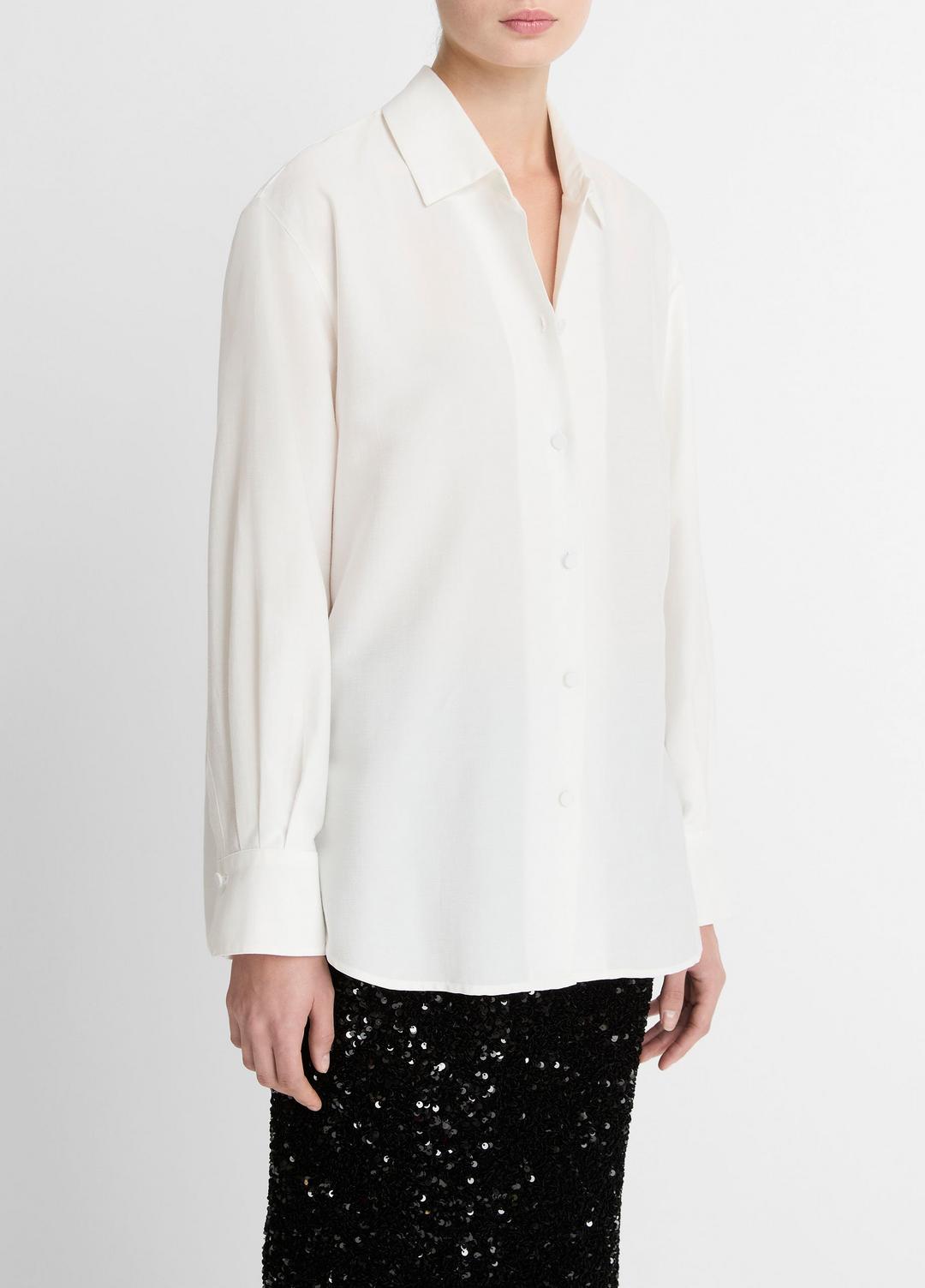 VINCE Women Refined Twill Covered-Button Shirt in Long Sleeve LIGHT CREAM