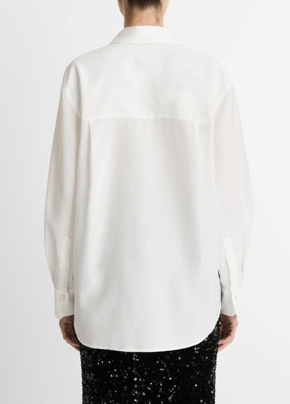VINCE Women Refined Twill Covered-Button Shirt in Long Sleeve LIGHT CREAM