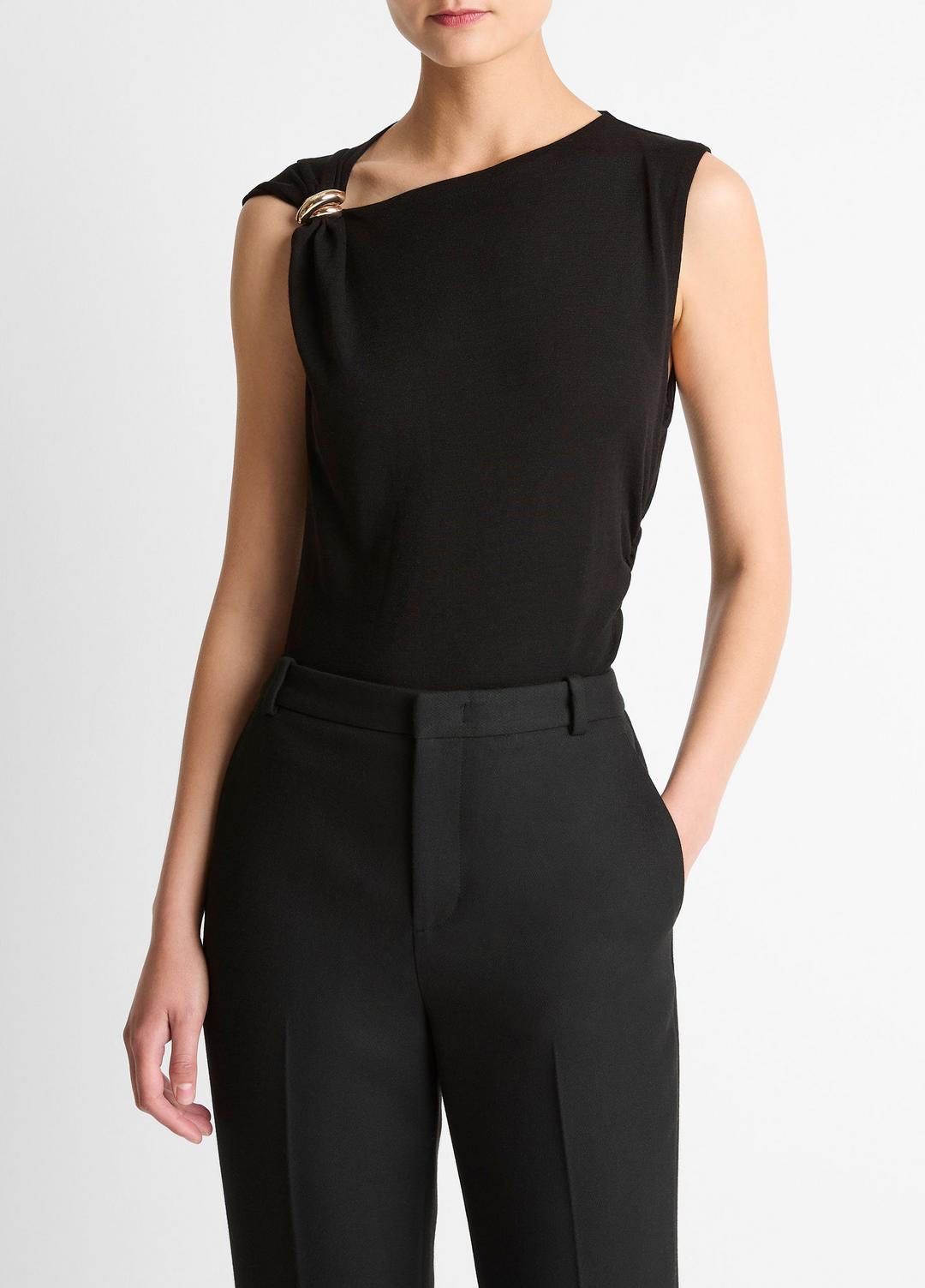 VINCE Women Cinched-Shoulder Wool-Blend Top in Tank Tops BLACK