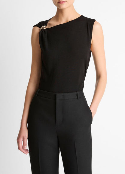VINCE Women Cinched-Shoulder Wool-Blend Top in Tank Tops BLACK