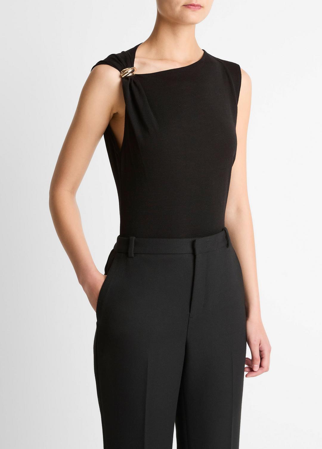 VINCE Women Cinched-Shoulder Wool-Blend Top in Tank Tops BLACK