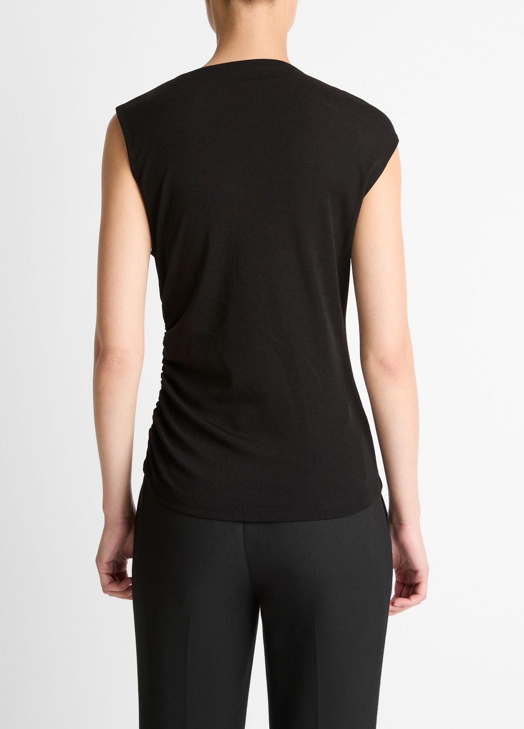 VINCE Women Cinched-Shoulder Wool-Blend Top in Tank Tops BLACK