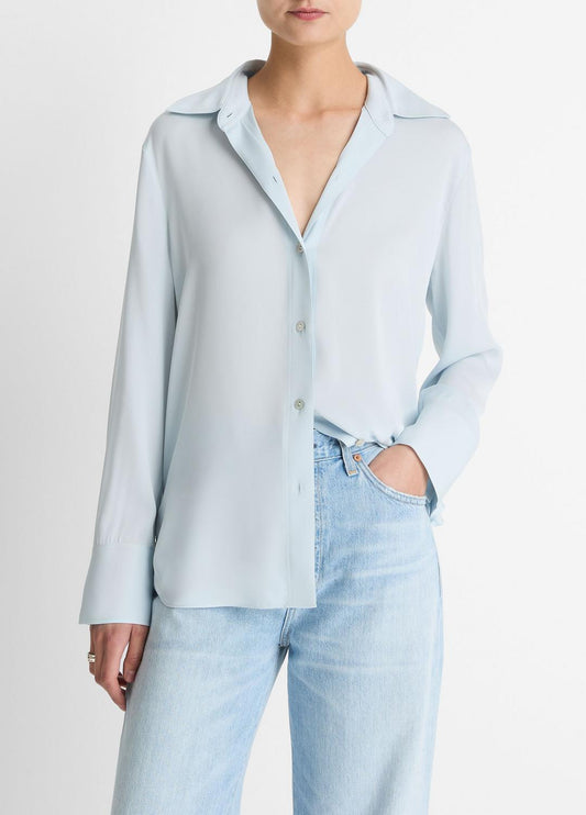 VINCE Women Stretch-Silk Button-Front Blouse in Long Sleeve GLACIER