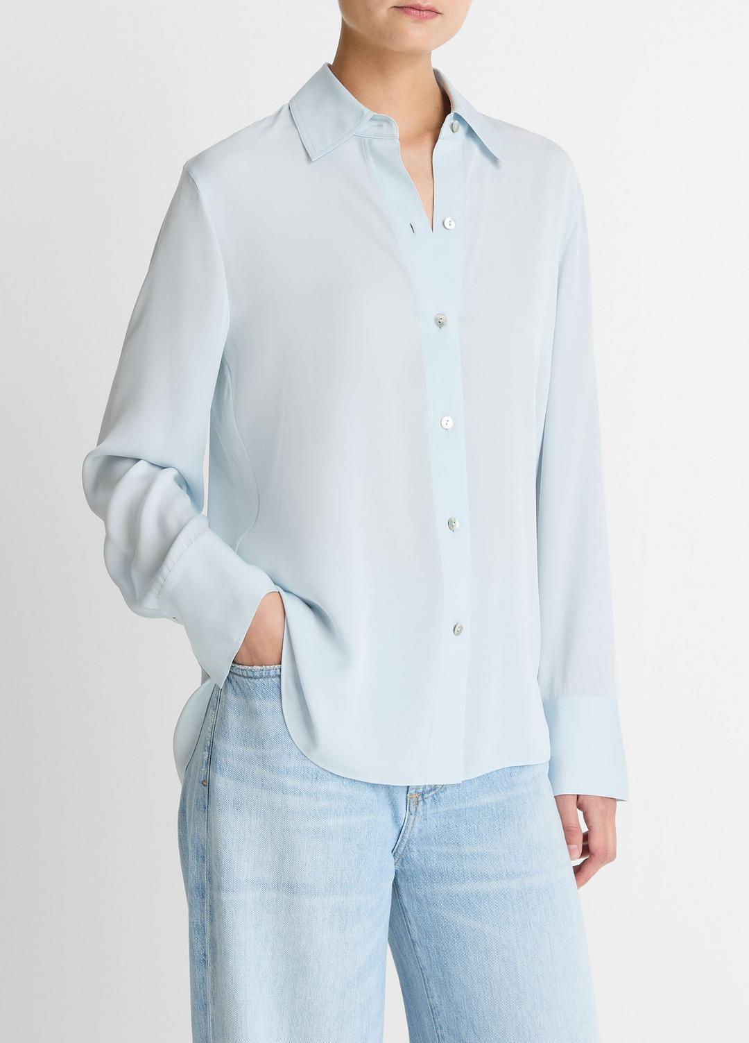 VINCE Women Stretch-Silk Button-Front Blouse in Long Sleeve GLACIER