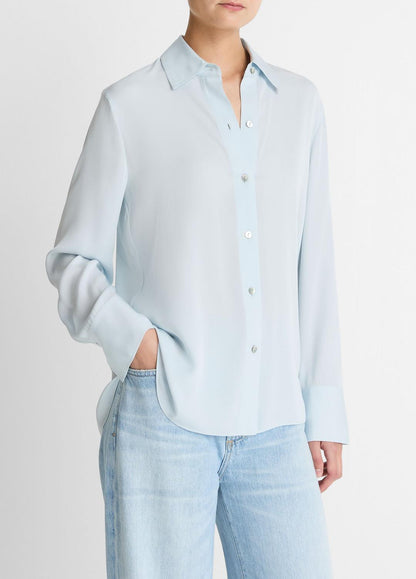 VINCE Women Stretch-Silk Button-Front Blouse in Long Sleeve GLACIER