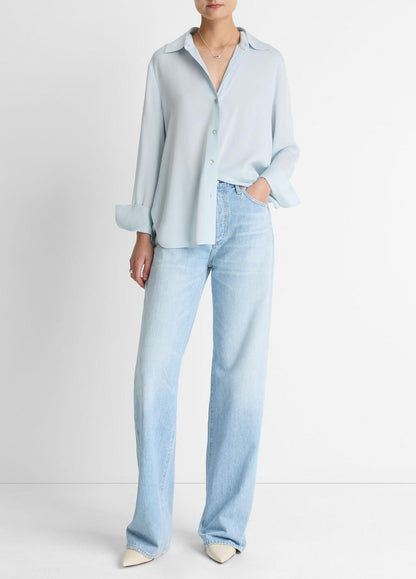 VINCE Women Stretch-Silk Button-Front Blouse in Long Sleeve GLACIER