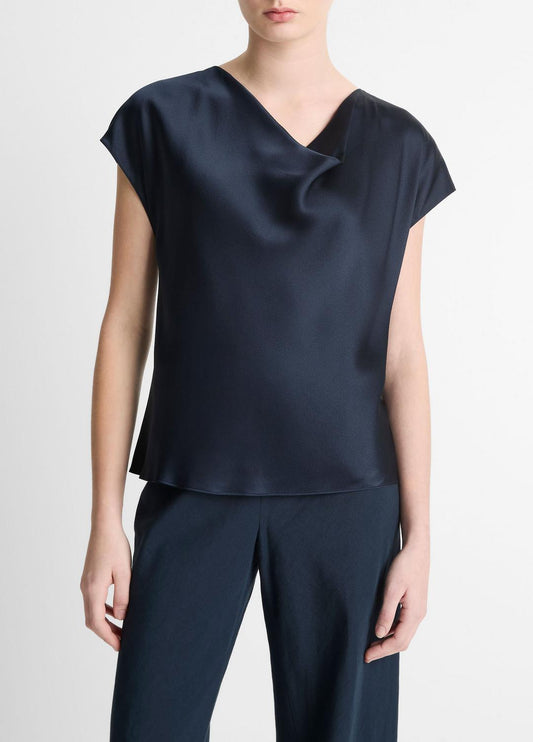 VINCE Women Silk Cowl-Neck Blouse in Short Sleeve COASTAL BLUE