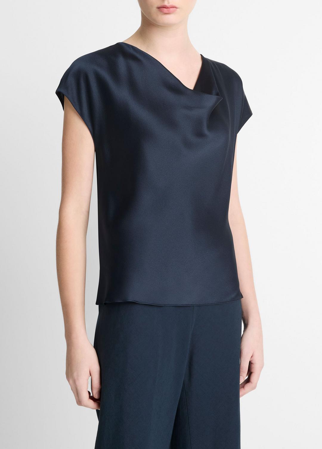 VINCE Women Silk Cowl-Neck Blouse in Short Sleeve COASTAL BLUE