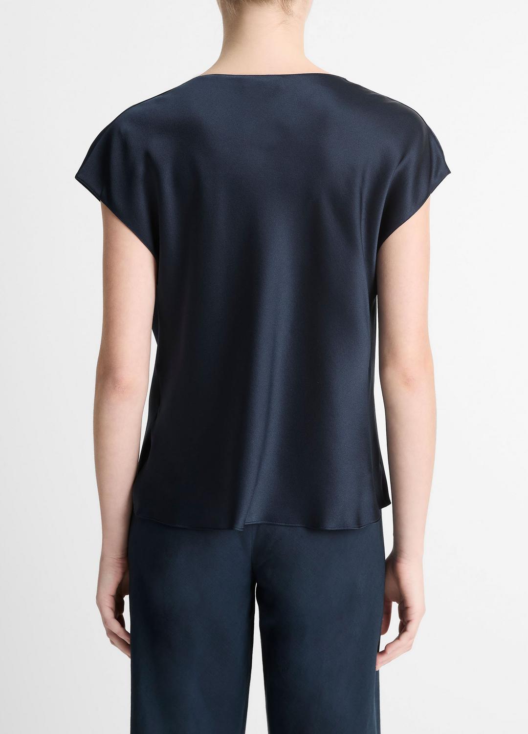 VINCE Women Silk Cowl-Neck Blouse in Short Sleeve COASTAL BLUE