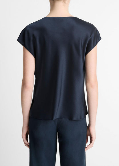 VINCE Women Silk Cowl-Neck Blouse in Short Sleeve COASTAL BLUE