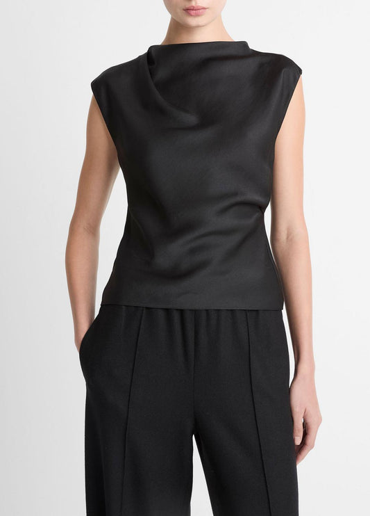 VINCE Women Satin Draped Cowl-Neck Top in Tank Tops BLACK