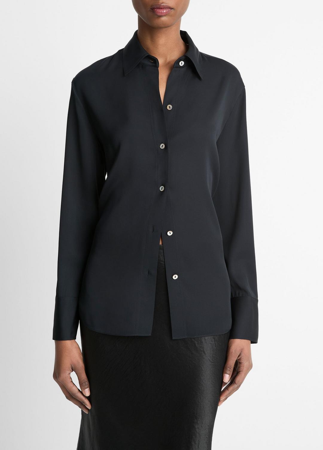 VINCE Women Stretch-Silk Button-Front Blouse in Long Sleeve BLACK
