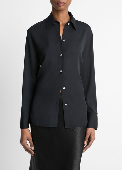 VINCE Women Stretch-Silk Button-Front Blouse in Long Sleeve BLACK