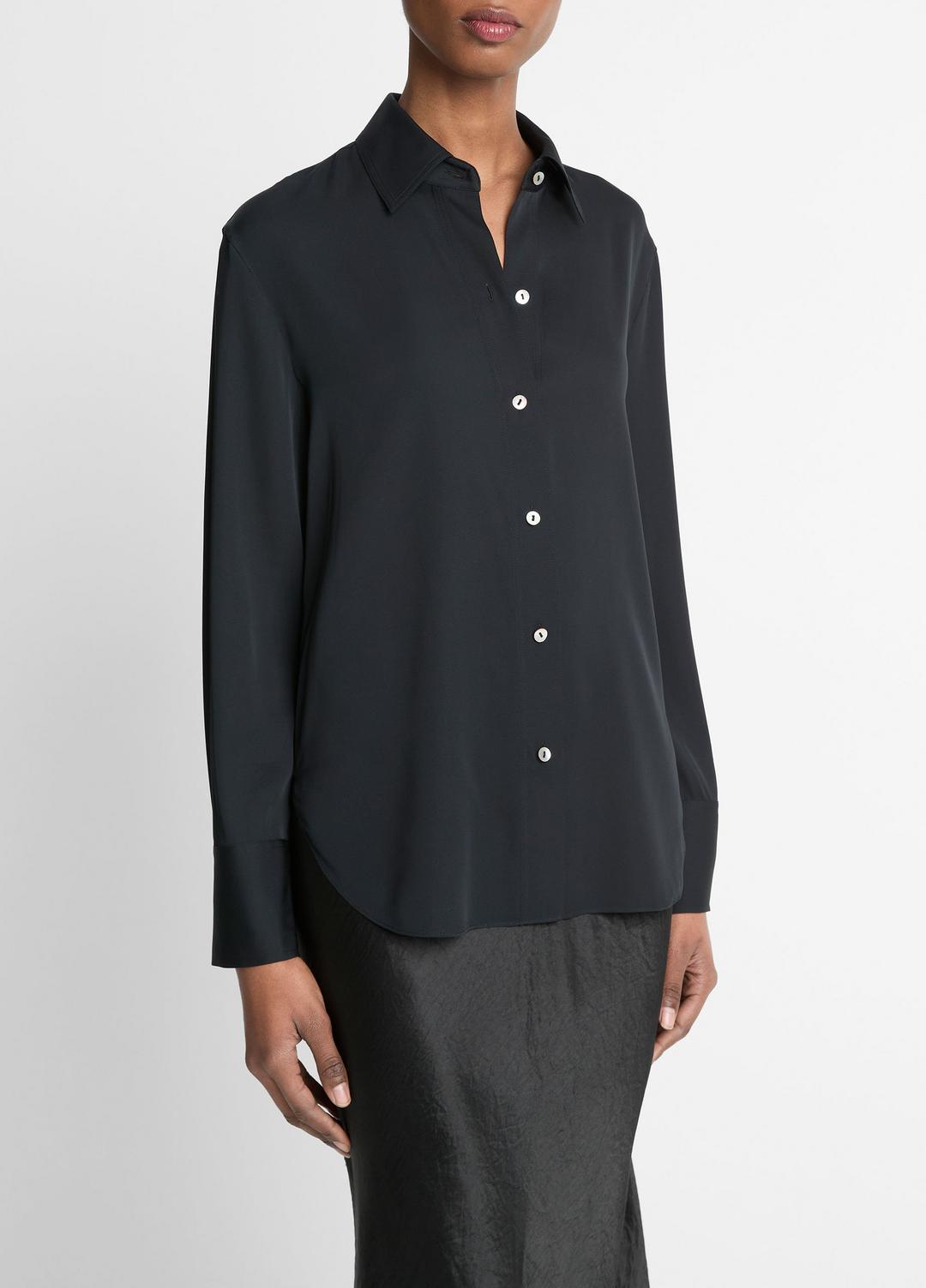 VINCE Women Stretch-Silk Button-Front Blouse in Long Sleeve BLACK