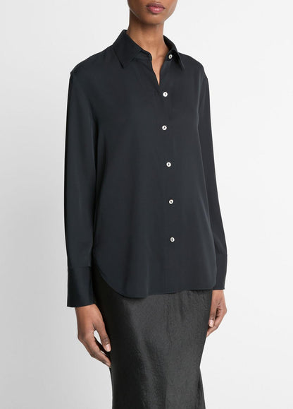 VINCE Women Stretch-Silk Button-Front Blouse in Long Sleeve BLACK