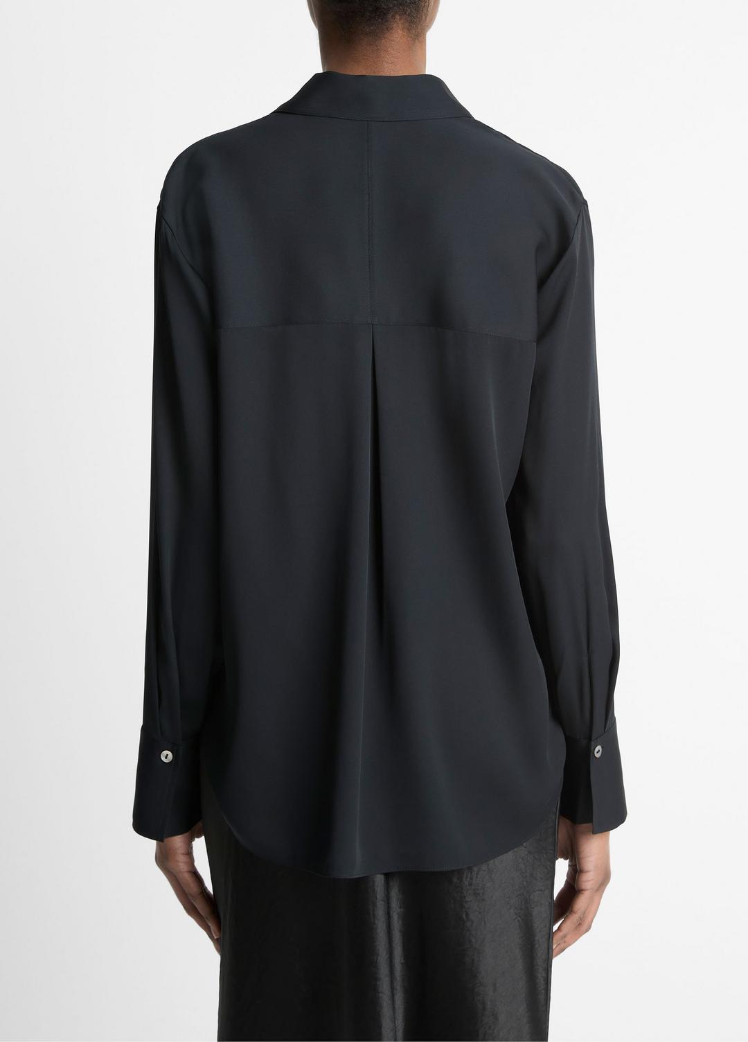 VINCE Women Stretch-Silk Button-Front Blouse in Long Sleeve BLACK