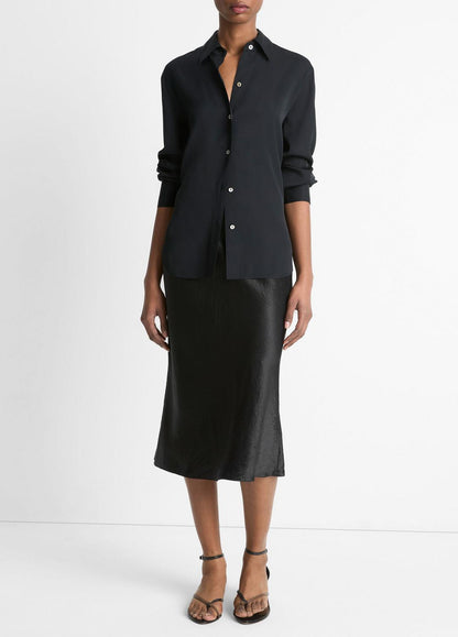 VINCE Women Stretch-Silk Button-Front Blouse in Long Sleeve BLACK