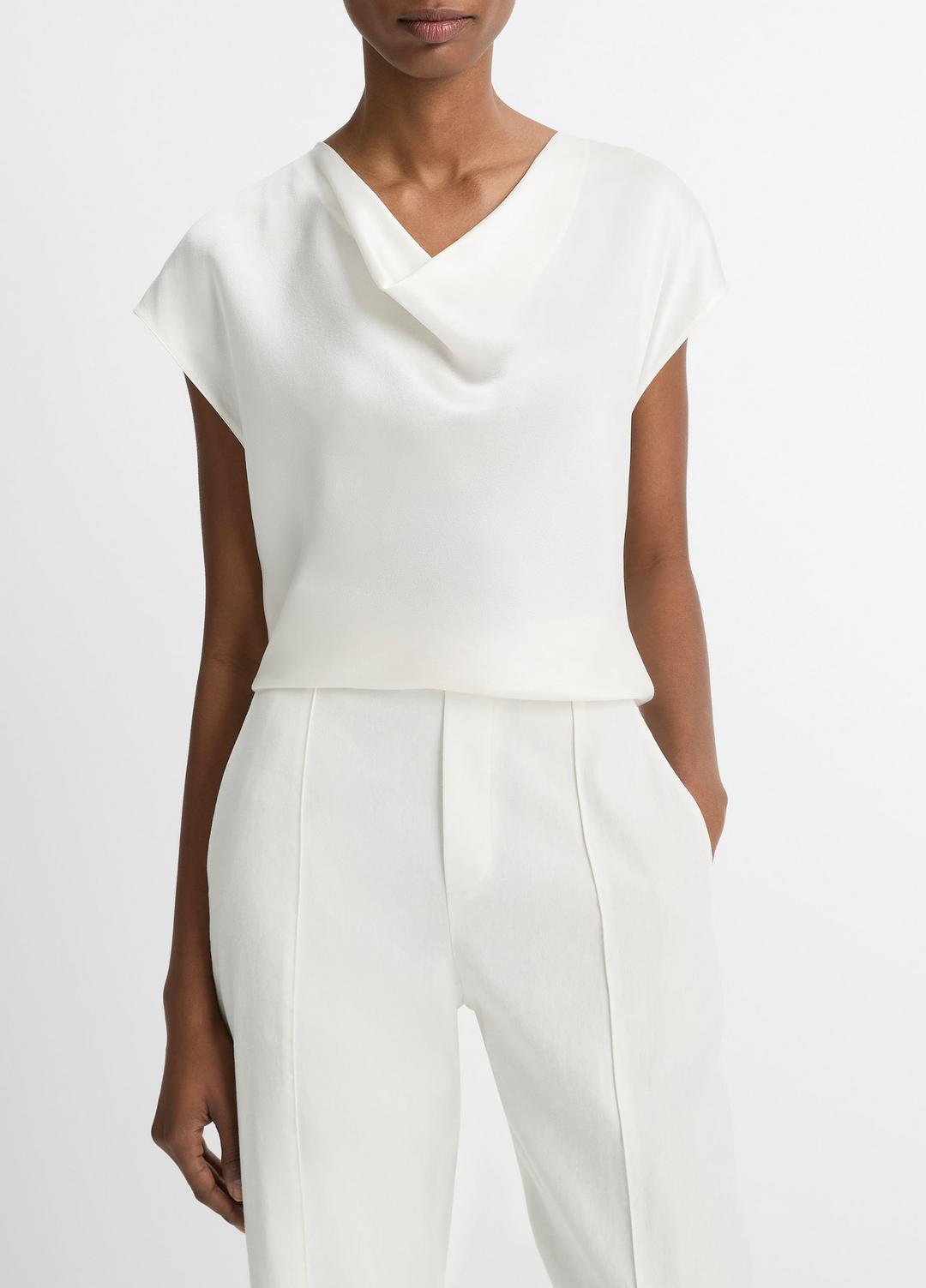 VINCE Women Silk Cowl-Neck Blouse in Short Sleeve OFF WHITE