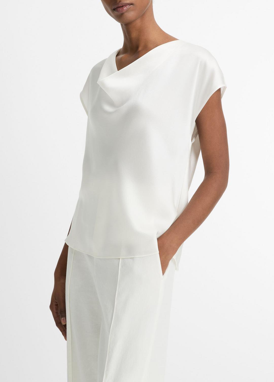 VINCE Women Silk Cowl-Neck Blouse in Short Sleeve OFF WHITE