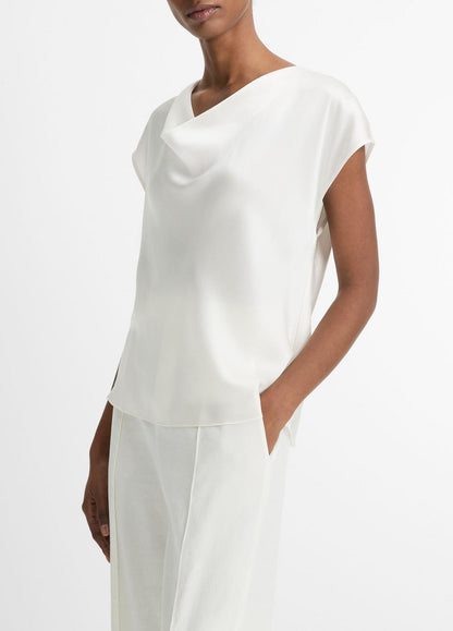 VINCE Women Silk Cowl-Neck Blouse in Short Sleeve OFF WHITE