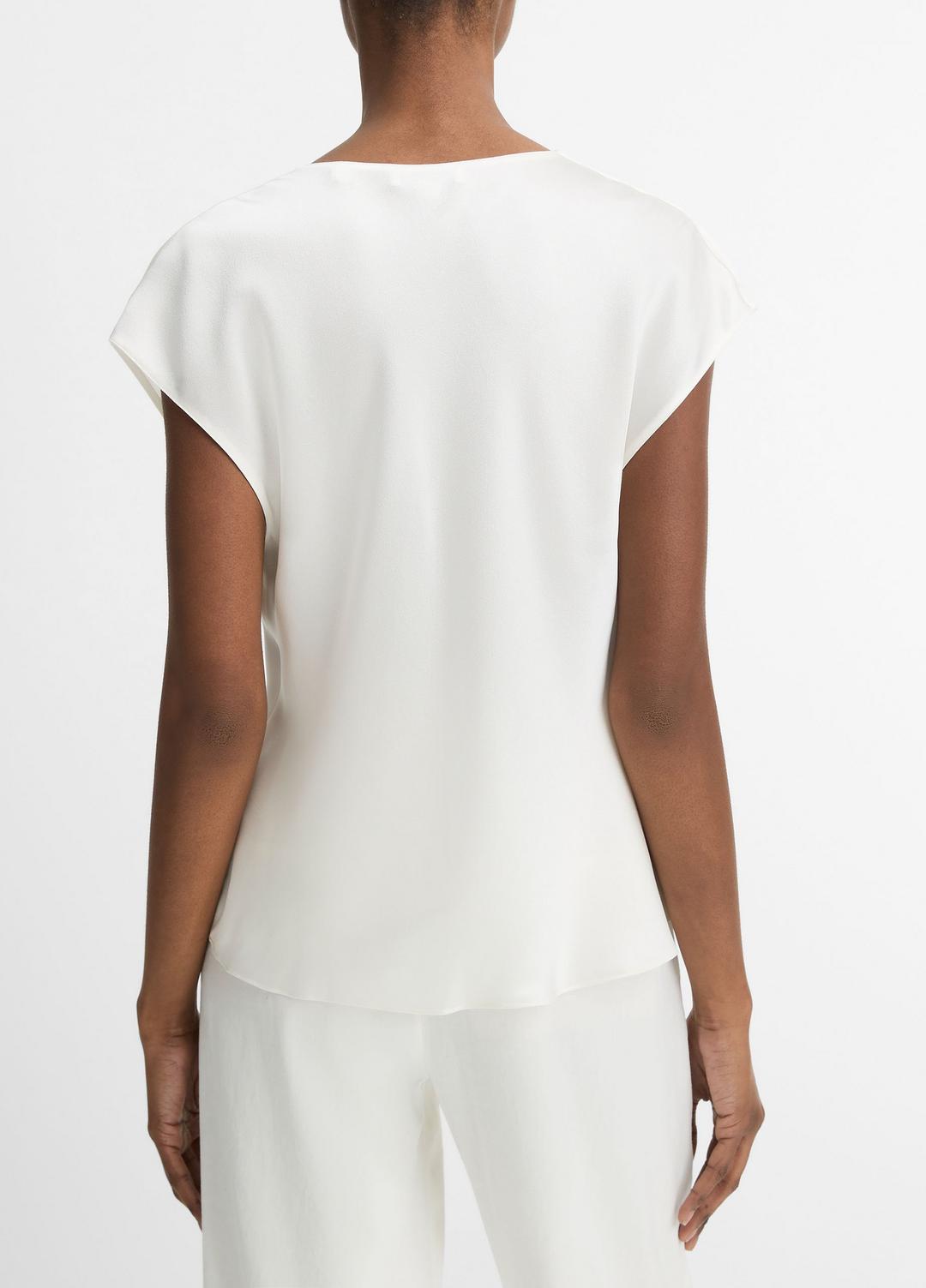VINCE Women Silk Cowl-Neck Blouse in Short Sleeve OFF WHITE