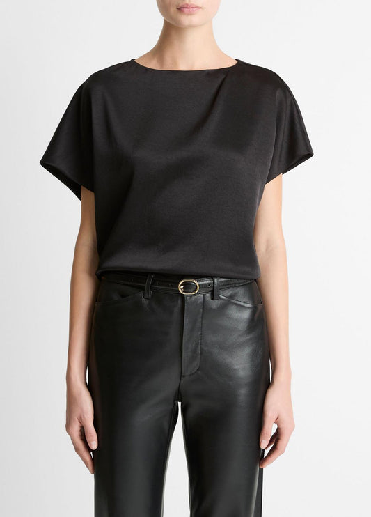 VINCE Women Draped Satin Dolman-Sleeve Blouse in Short Sleeve BLACK
