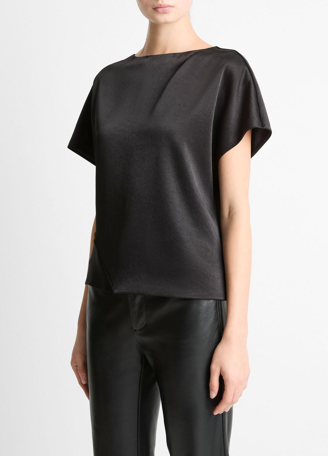 VINCE Women Draped Satin Dolman-Sleeve Blouse in Short Sleeve BLACK