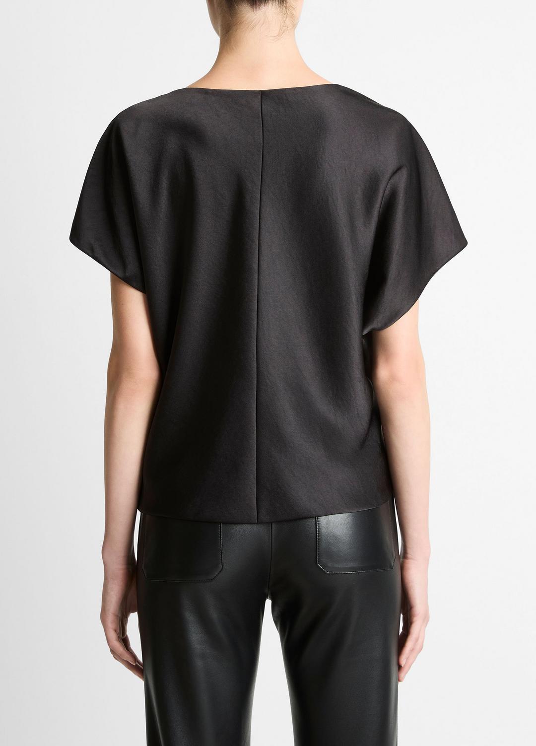 VINCE Women Draped Satin Dolman-Sleeve Blouse in Short Sleeve BLACK