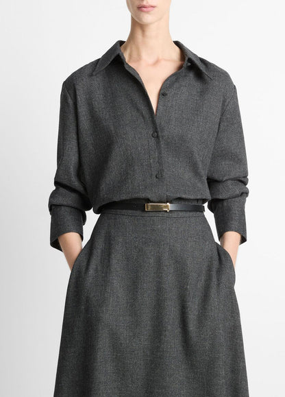 VINCE Women Italian Jaspe Relaxed Button-Front Shirt in Long Sleeve MEDIUM HEATHER GREY