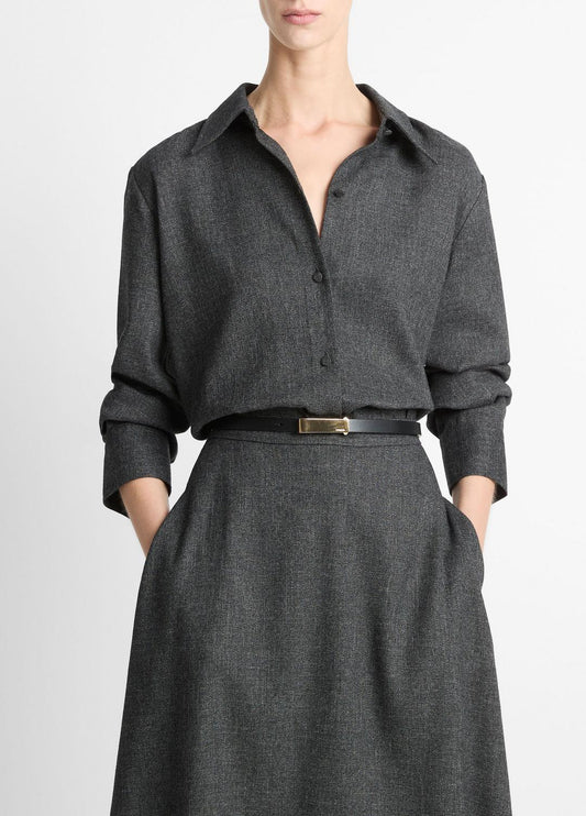 VINCE Women Italian Jaspe Relaxed Button-Front Shirt in Long Sleeve MEDIUM HEATHER GREY