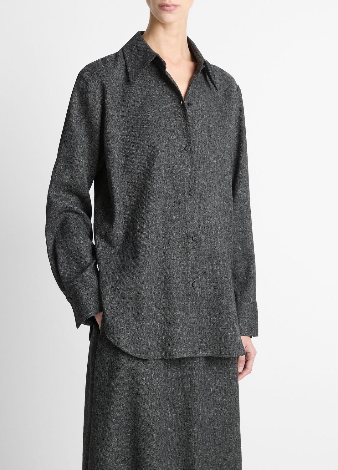 VINCE Women Italian Jaspe Relaxed Button-Front Shirt in Long Sleeve MEDIUM HEATHER GREY