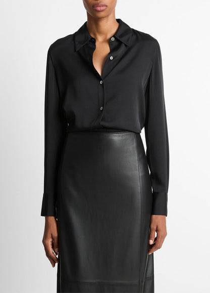 VINCE Women Silk-Blend Slim Button-Front Blouse in Long Sleeve BLACK
