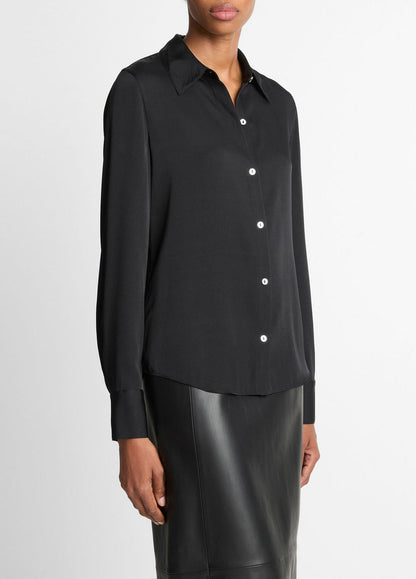 VINCE Women Silk-Blend Slim Button-Front Blouse in Long Sleeve BLACK