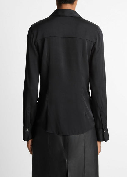 VINCE Women Silk-Blend Slim Button-Front Blouse in Long Sleeve BLACK
