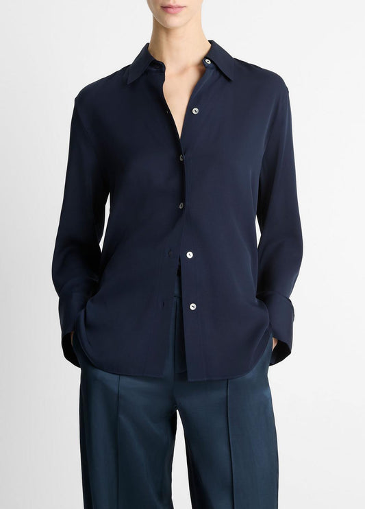 VINCE Women Stretch-Silk Button-Front Blouse in Long Sleeve COASTAL BLUE