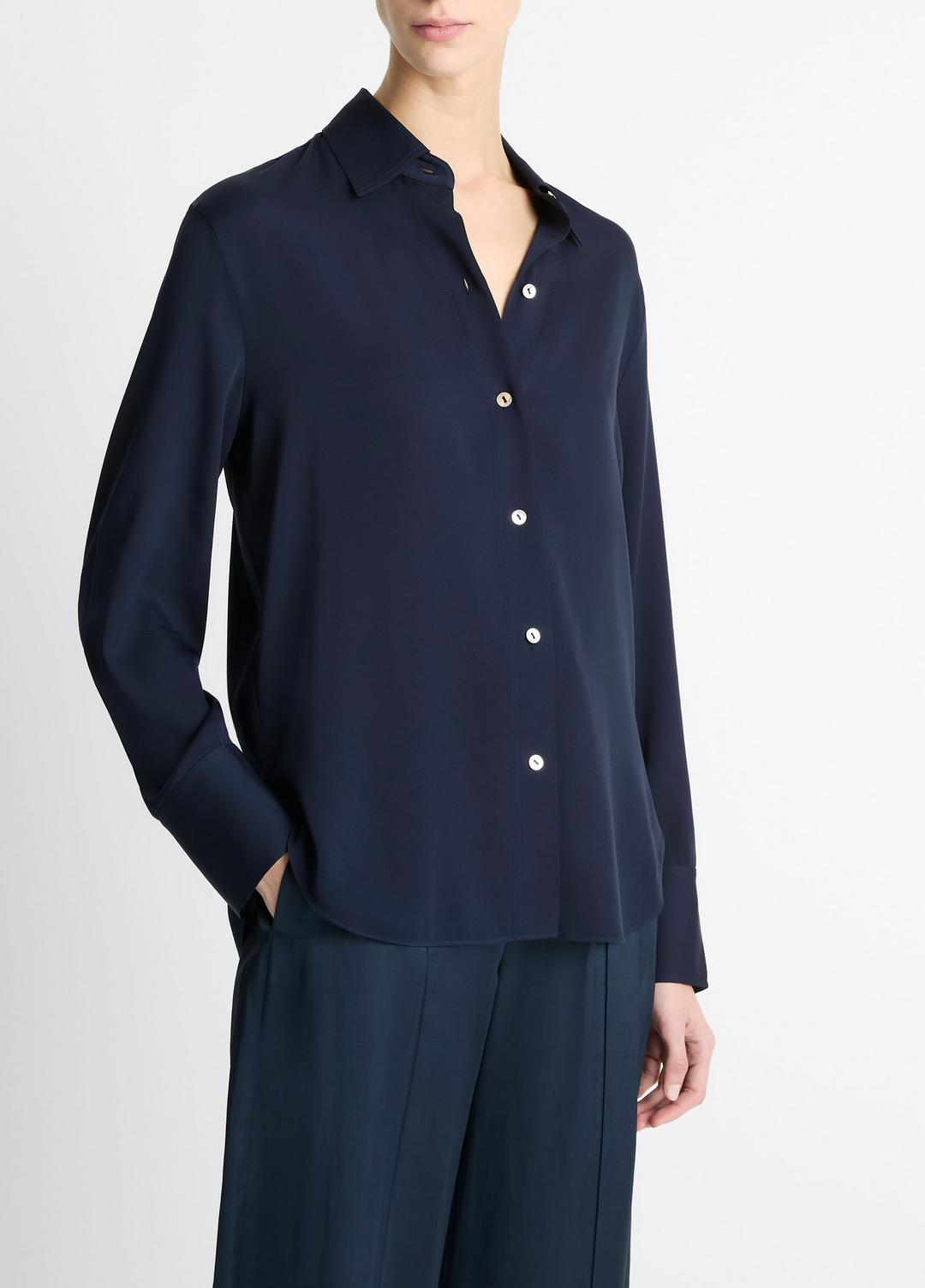 VINCE Women Stretch-Silk Button-Front Blouse in Long Sleeve COASTAL BLUE