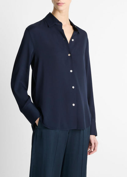 VINCE Women Stretch-Silk Button-Front Blouse in Long Sleeve COASTAL BLUE